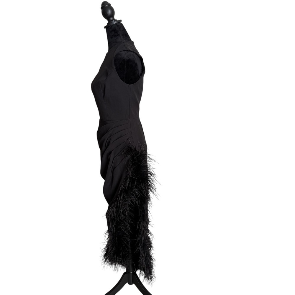 Mac Duggal Black Feather Trim Asymmetrical Maxi Dress Size 4 NWT - Picture 4 of 7
